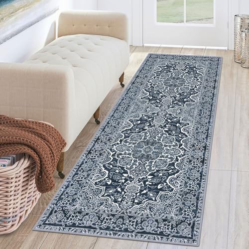 KUTA Vintage Washable Runner Rug, 2x6 Navy Blue Runners for Hallways Non-Slip Kitchen Rugs Ultra Soft Printed Distressed Floral Carpet for Laundry Bedroom Living Room Nursery