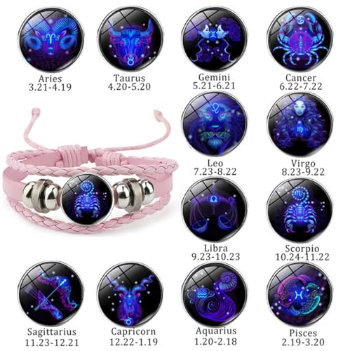 Image of Pink Pink Twelve zodiac spirit bracelet adjustable Twelve zodiac leather bracelet jewelry accessories for zodiac enthusiasts