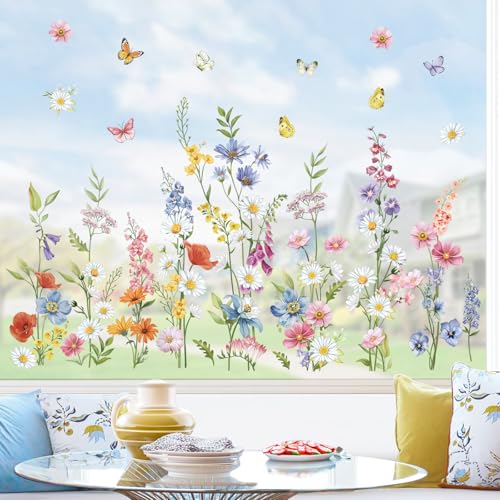 wondever Stickers Fenetre Fleurs Printemps été Autocollant Fenêtre Fleur Sauvage Marguerite Electrostatique Anti-Collision Décoration pour Printemps Été...