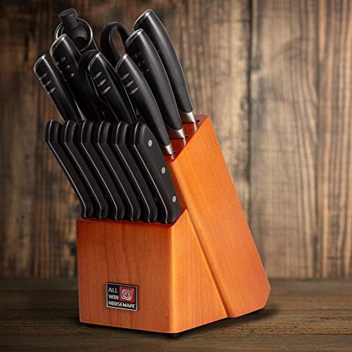 ALLWIN-HOUSEWARE W Premium 15-Piece German High Carbon Stainless Steel Kitchen Knives Set with Rubber Wood Block, Professional Double Forged Full Tang Chef Knife Set