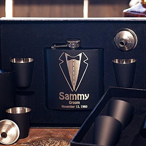 Flask Gift Set, Personalized Groomsman Tuxedo Flask, Custom Engraved Gift, Wedding Flask +Funnel +Shot Glasses, Bachelor Party, Customized