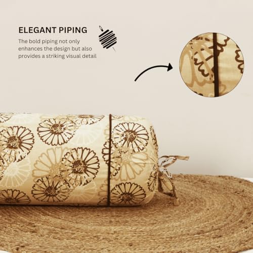 Image of AURAVE Cotton 144 TC Printed Bolster Cover with Drawstring Closure, Set of 2, Soft Breathable Durable Machine Washable for Sofa Bed & Home Decor, 15 inchx30 inch, Light Brown | Cover Only