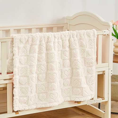 Image of Yurhap Heart Baby Blanket, Love Plush Fleece Baby Blankets for Boys Girls | Soft Sherpa Baby Boy Blankets for Infant Toddler Newborn Gifts, Fluffy Baby Essentials, For Crib Stroller, 30 inchx40 inch, Cream