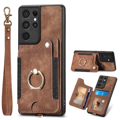 Étui portefeuille pour Samsung S21 Ultra en cuir PU marron avec porte-cartes et dragonne amovible