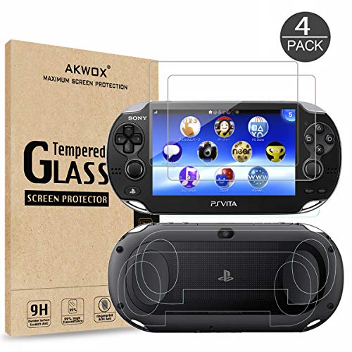 (4-Pack) 2 Front+2 Back Covers Screen Protectors for Sony Playstation Vita 1000, Akwox 9H Tempered Glass Front Screen Protector and HD Clear PET Back Screen Protective Film for PS Vita PSV 1000