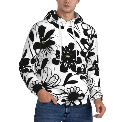 Sweat à capuche noir et blanc avec imprimé floral et grande poche style casual