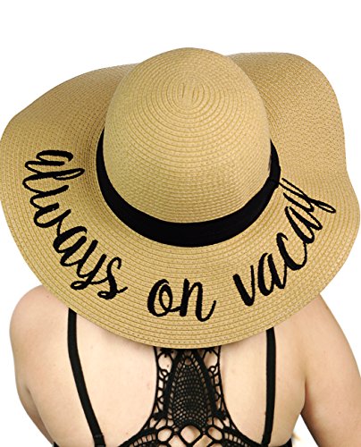 C.C Women's Paper Weaved Crushable Beach Embroidered Quote Floppy Brim Sun Hat