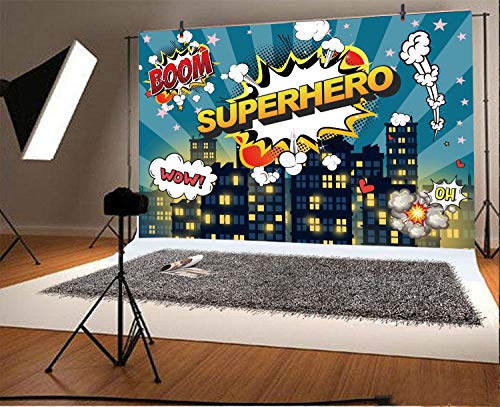 Yeele 10x8ft Little Superhero Backdrop Comic City Night Scene Building Background for Photography Boy Girl Children Birthday Baby Shower Party Banner Photo Booth YouTube Video Shoot Studio Props