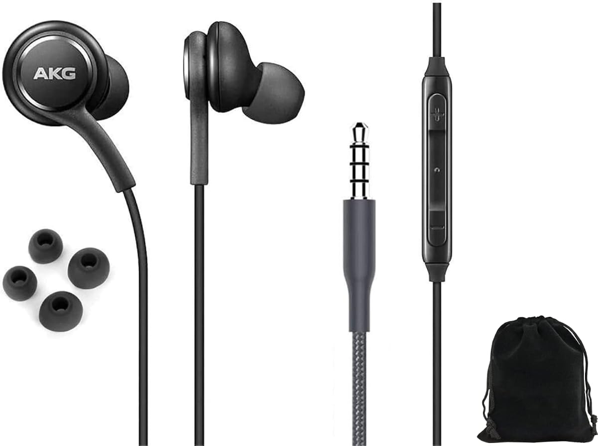 2023 Auriculares estéreo OEM Earbuds para Samsung Galaxy S10 S10e Plus A31 A71 Cable - Diseñado por AKG - con micrófono y botones de volumen (negro) con bolsa de transporte