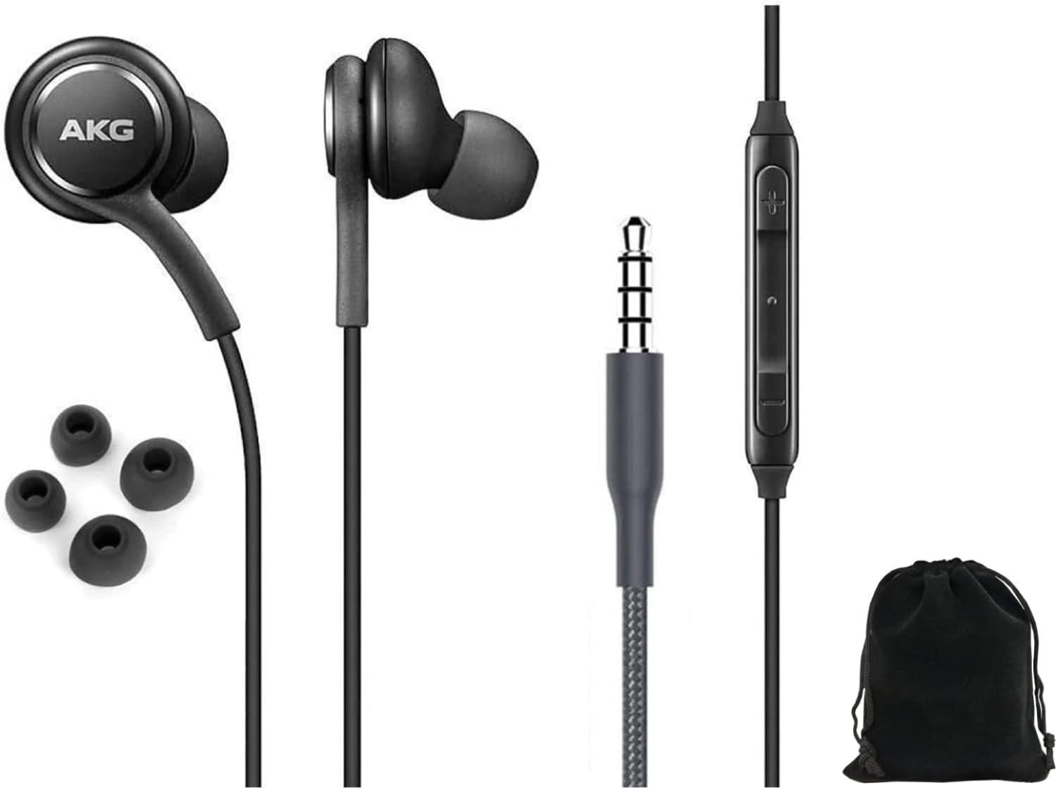 ElloGear 2023 OEM Earbuds Stereo Headphones for Samsung Galaxy S10 S10e Plus A31 A71 Cable - Designed by AKG - with Microphone and Volume Buttons (Black) with Carrying Pouch