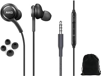 ElloGear 2023 OEM Earbuds Stereo Headphones for Samsung Galaxy S10 S10e Plus A31 A71 Cable - Designed by AKG - with Microphone and Volume Buttons Black with Carrying Pouch