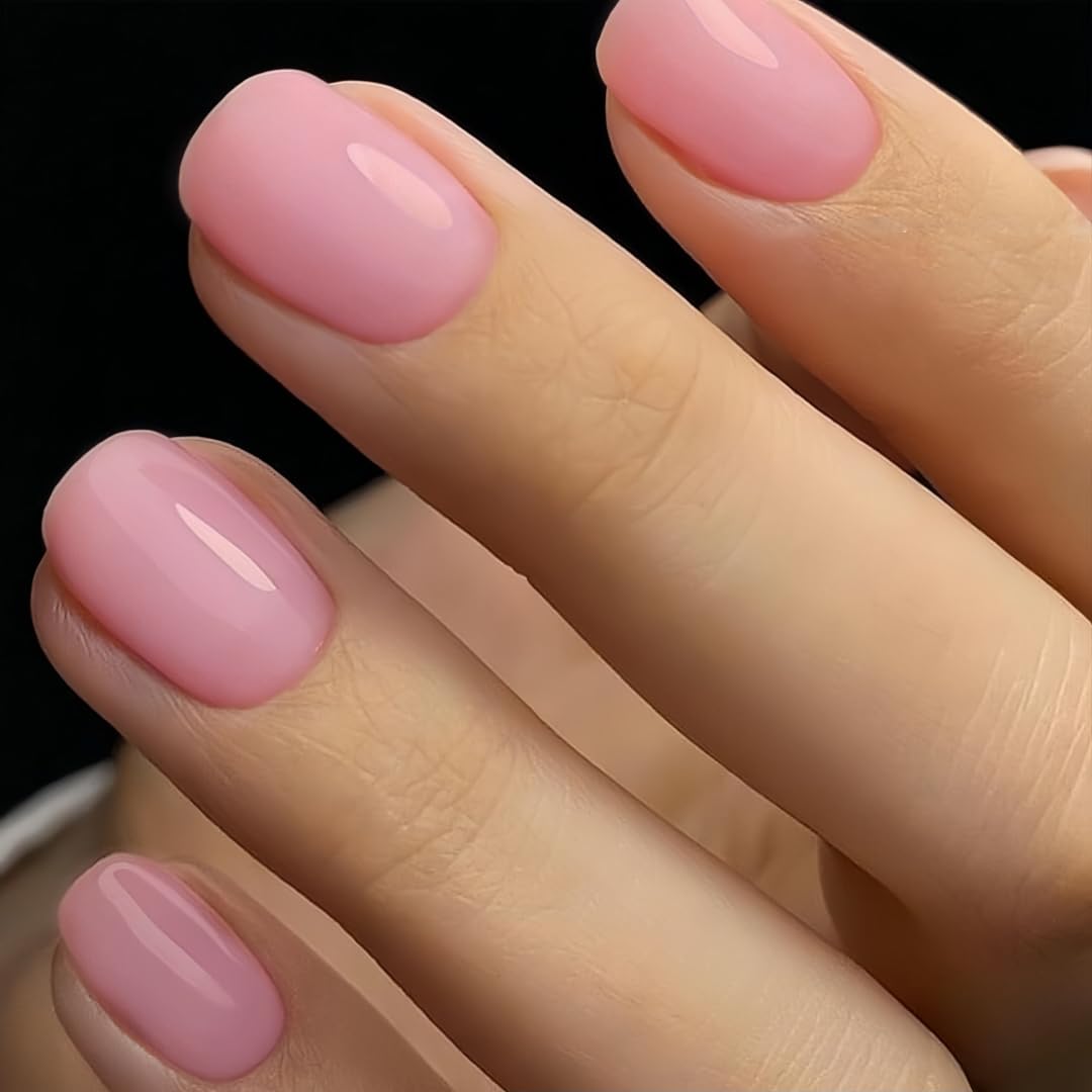 KQueenest Baby Pink Press on Nails Short Square, Short False Nails Coffin, Glossy Solid Light Pink Small Fake Nails Set