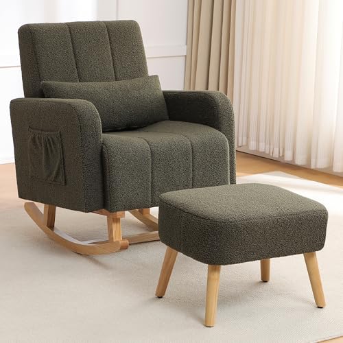 Image of Rocking Nursing Chair with Ottoman, Upholstered Glider Rocker Armchair with High Backrest and Side Pocket, Comfy Reading Chair with Solid Wood Legs for Nursery, Living Room,Bedroom, Green