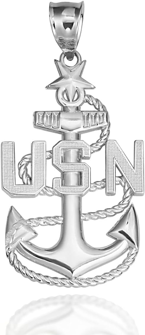 Claddagh Gold 925 Sterling Silver 1-1/2” Officially Licensed United States Navy Fleet Senior Chief Petty Officer Anchor Emblem Pendant Necklace - Choice of Pendant Only or Chain Length