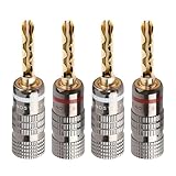 NOSTALSIC バナナプラグ 円筒波形スリット BFA波型 赤+白セット ソルダーレス 金メッキ 簡単取り付け ダブルネジ固定 12AWG~18AWG対応 オーディオ用 スピーカー/アンプ用 (4個(2ペア))