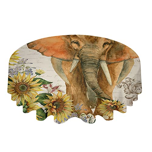 Round Tablecloth,Farm Tropical Elephant Sunflowers Waterproof Table Cloth For Round Table,Oil-Proof Washable Table Cover For Dining Kitchen,Party Watercolor Flower Vintage Newspapers Tablecloths 60In #TOP1