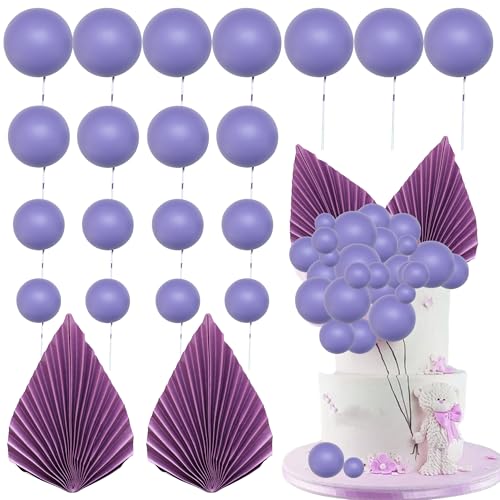 Ephlyn 28Pcs Paper Palm Fan Cake Topper Balls Cake Pick Wedding Bridal Shower DIY Cake Decorations for Baby Shower Wedding Birthday Anniversary Party Supplies Purple
