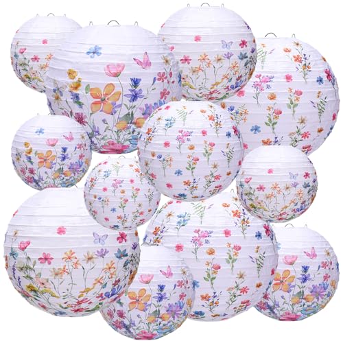 Riakrum 12 Pcs Wildflower Paper Lantern Set Floral Party Decorations Flower Paper Round Lanterns Wildflower Lantern Kit for Spring Baby Shower Bridal Shower Wedding Birthday Tea Party Supplies