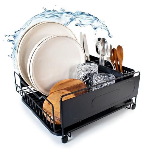 NANTHU® Abtropfgestell Geschirr - 35 x 31 x 15,5 cm - rostfrei mit ausziehbarer Abtropfschale - Premium Geschirrabtropfgestell schwarz