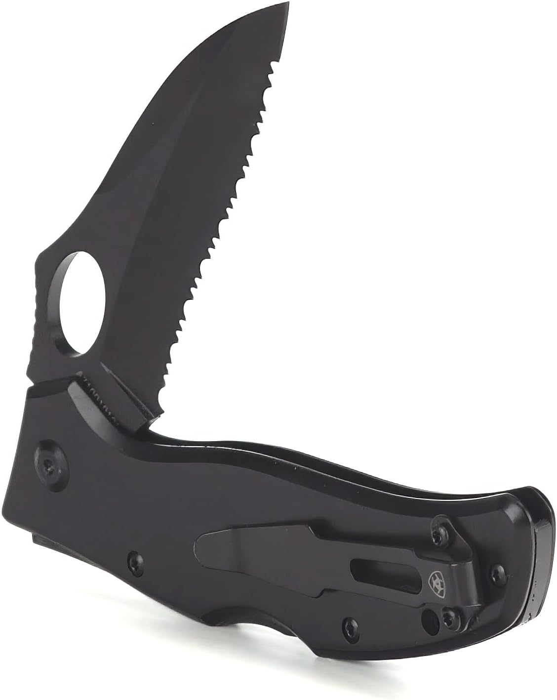 ARIAT Engraved Shield Text Logo Serrated Blade Folding Knife, 3" Blade (Medium) (Black)