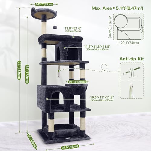 Image of Globlazer Heavy Duty Cat Trees for Large Cats, Sturdy 72in Maine Coon Cat Tree for Large Cats 20 lbs+ Heavy Duty Cat Tower for Adult Biggest Cat with 6 Scratching Posts, Hammock, S72, Dark Gray