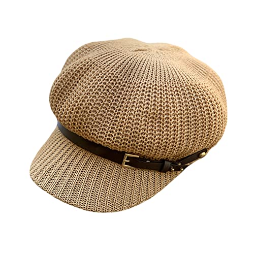 Newsboy Cap Summer Women Knit Mesh Breathable Baker Boy Painter Hat Adjustable Belt Pure Color Shade Beret Hat Blue #TOP4
