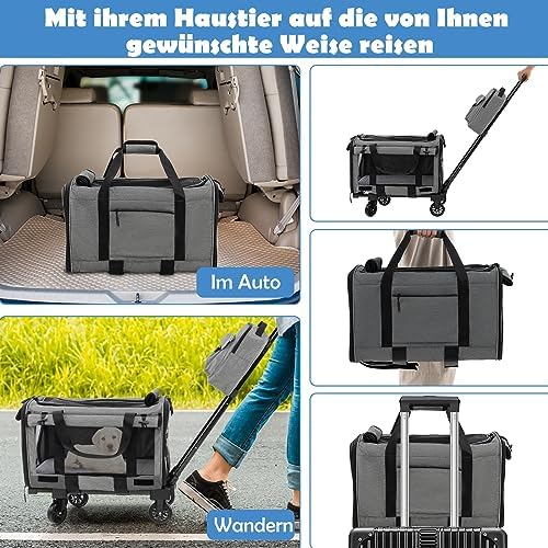 FANTASK Transportbox Mobil, Transporttasche mit Teleskopgriff & Rädern & kleine Tasche, klappbare Reisebox für kleine & mittelgroße Haustiere
