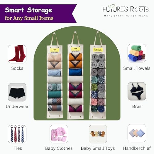 Image of FUTURE'S ROOTS Cotton Hanging Organizer for Wardrobe with 8 Transparent Mesh Pockets(Set of 3) | Wall Mounted & Travel Storage for Socks, Bra, Innerwear & Accessories | Foldable Space-Saving Design