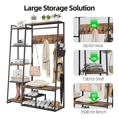 Amyove 71In Industrial 5-In-1 Large Hall Tree With Storage Bench, Coat Rack, 5-Tier Shelves, Fabric Storage Side Bag, Side Hooks, Wood Look Accent Furniture-Sturdy Metal Frame Organizer #TOP2