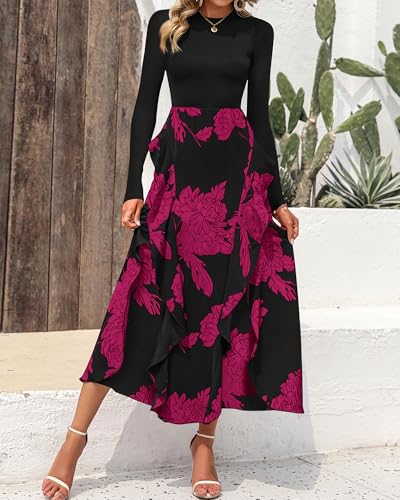 Image of BTFBM Womens Floral Maxi Dress Fall 2025 Casual Crewneck Long Sleeve Ruffle Flowy Cocktail Wedding Guest Dresses