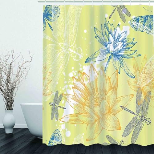Rideau de douche industriel nénuphar chic bleu et jaune grand format
