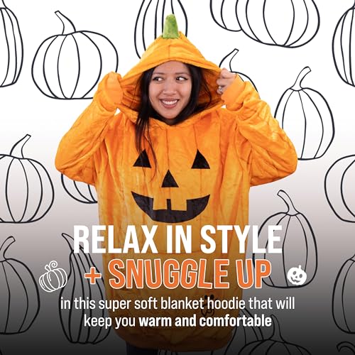Image of Wearable Blanket Hoodie, 2-in-1 Oversized Hoodie Blanket Pillow, Long Sleeve Sweatshirt Pocket, Cozy Gift for Men and Women - Pumpkin
