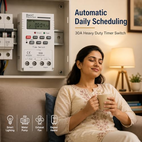 Image of Blackt Electrotech BT41D6 230V 30Amps Digital Programmable Timer Switch | DIN Rail Mounted | 18 On /Off Programs | Daily /Weekly Cycle & Second Setting | Heavy Duty for Industrial & Home Use