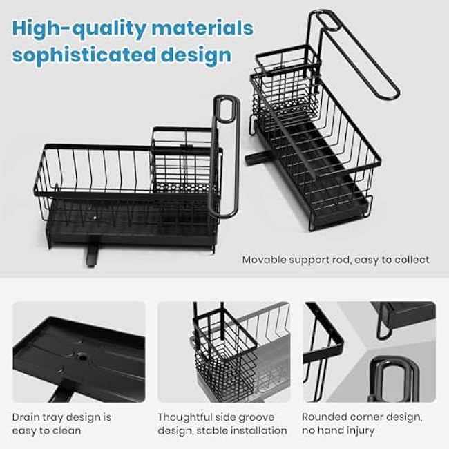 Kitchen Sink Caddy, Sponge Holder with 360 Degree Rotating Drain, Carbon Steel Organizer with High Brush Holder Rustproof, Sink Caddy Organizer for Kitchen Gadgets and Decor