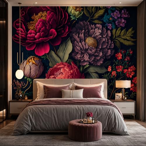 MFWFM Dark Peony Floral Peel and Stick Mural Wallpaper Vintage