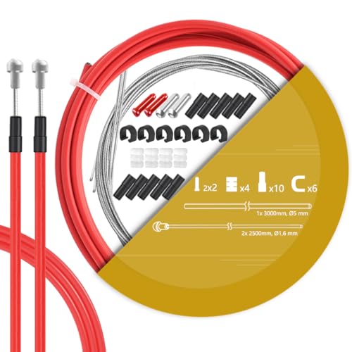 TAPKUA Fahrrad Bremskabel Set, 2500mm Bremszug mit 3M Außenhüllenzug Schlauch für Rennrad (Rot)