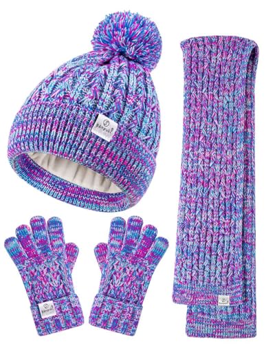 Kids Winter Hat Gloves Scarf Set,Girls Toddler Winter Hat Beanies with Pom Neck Warmer Gaiter Mittens Fleece Lined Set Christmas Gift for Kids（Rose Red & Blue Mix） - Main Image