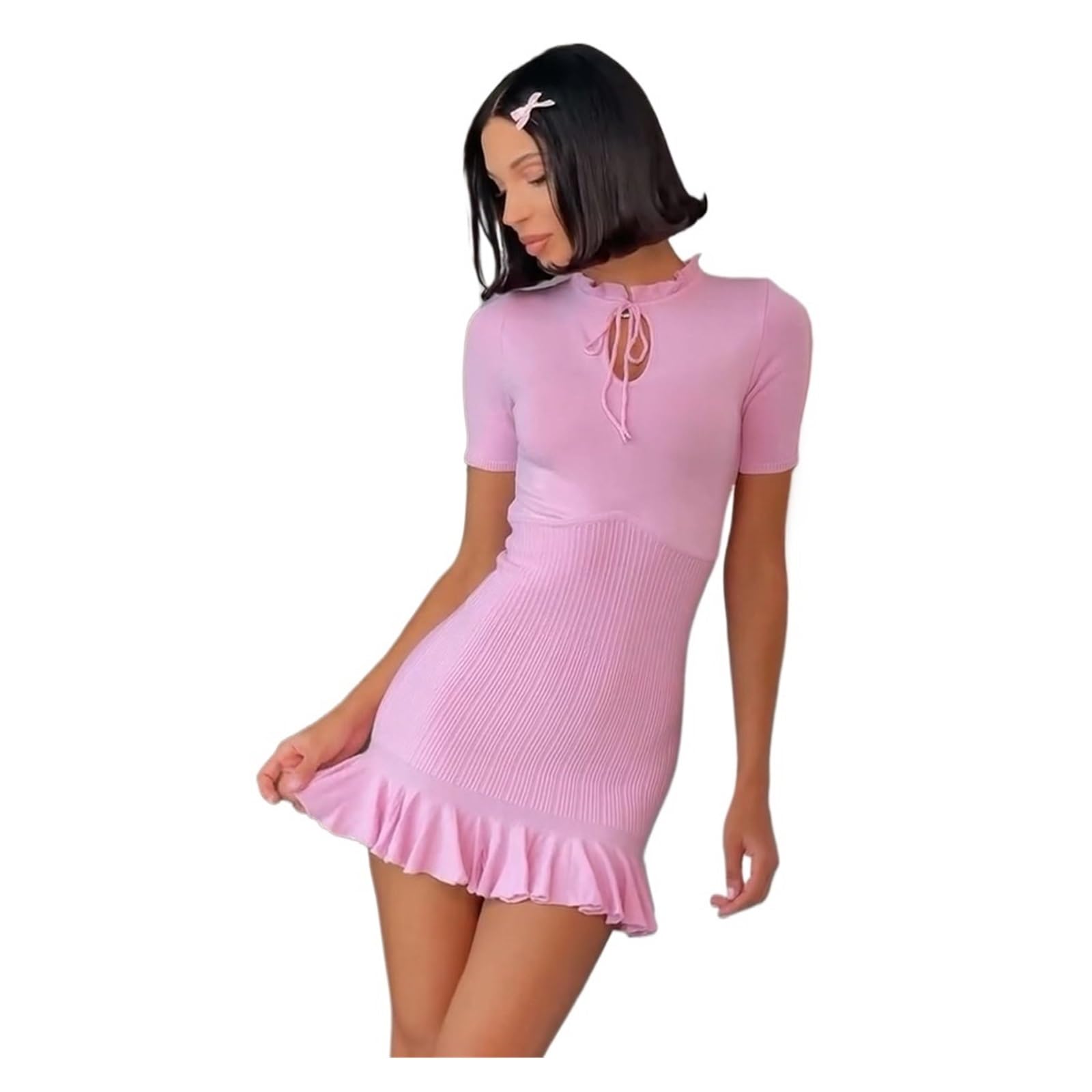 Sportkleid Stricken Rüschen Minikleid Damen Hohl Schnürung Hohe Taille Kurzarm Kleid Sommer(Pink,M)