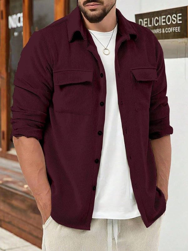 Image of Men Corduroy Casual Jacket Full Sleeve Self Design Button Front with Spread Collar, Woven Cord Lining and Two Pockets for Casual Outings