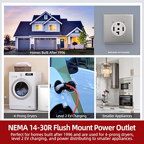 Aida 30 Amp 3 Pole, 4 Wire 125/250 Volts 14-30R Grounding Heavy Duty Flush Mount Range Outlet Dryer Receptacle, Ul Listed, Pack Of 1, Black, 030646 #TOP5