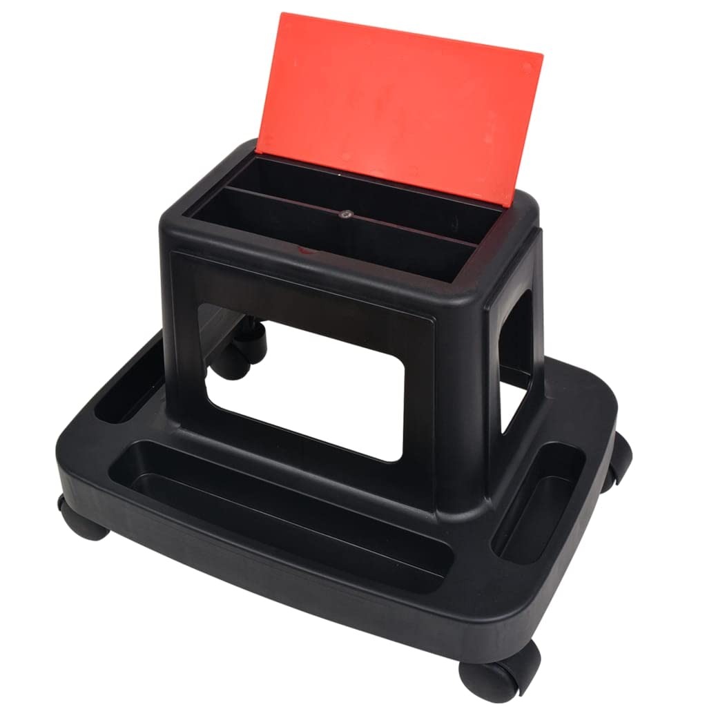 Taboret warsztatowy na kółkach z półką i schowkami, tworzywo sztuczne czarno-czerwone, 45 x 34 x 32 cm, 4 rolki, nośność 150 kg, przechowywanie narzędzi do warsztatu i garażu