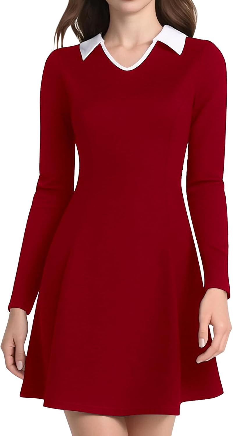 Long Sleeve Dresses for Women 2025 Fall Vintage Lapel Collar V Neck A-Line Short Mini Dress