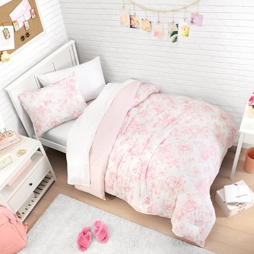 Image of Laura Ashley - Twin /Twin XL Bedding Bundle, Reversible Comforter with Matching Pillowcases & Cotton Percale Sheet Set, Floral Bedding with a Crisp & Cool Feel (Pink)