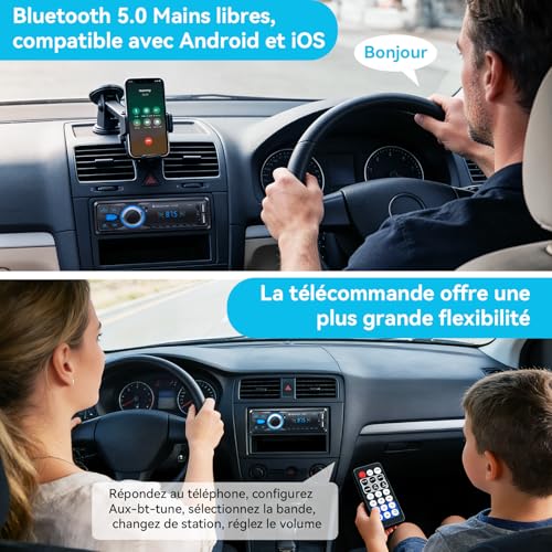 Autoradio Bluetooth avec charge rapide USB 2.1A et kit mains libres intégré