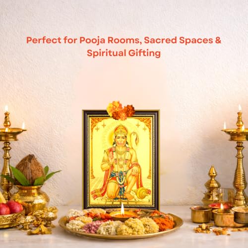Image of Paramporul Gallery Hanuman Anjaneya Gold Foil Photo Frame for Pooja Room, Hindu God Wall Decor, Ready to Hang, 10x14 Inch