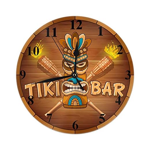 Moslion Tribal Clock Word Tiki Bar Wooden Bamboo Torch Circle Round Wall Clock Slient Non Ticking Rustic Home Decor 10 Inch for Kitchen Bathroom Office Brown White