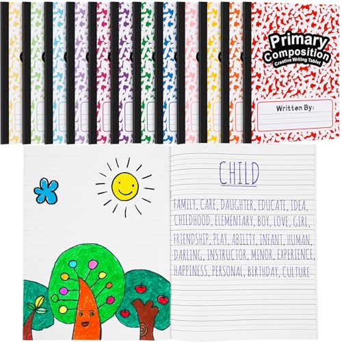 Henoyso 12 cuadernos de composición de diario de primaria K 2, 64 páginas, libros con rayas primarias para niños de 1er 2º grado, cuadernos de práctica de dibujo para preescolar, jardín de infantes,