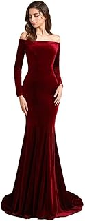 Off Shoulder Velvet Prom Dresses Mermaid Long Sleeves Formal Evening Party Gowns with Court Train pp123