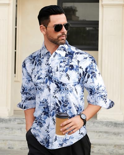 BOJIN Men's Dress Wrinkle-Free Floral Hawaiian Long Sleeve Flower Printed Casual Button Down Shirts with Pocket2
