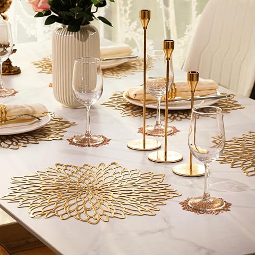 Snowkingdom Set of 12 Gold Metallic Placemats Laminated Vinyl Round Leaf Dinning Table Place Mats Bulk Decorative Thanksgiving Christmas Party Wedding Holiday Festival - Thumbnail 5